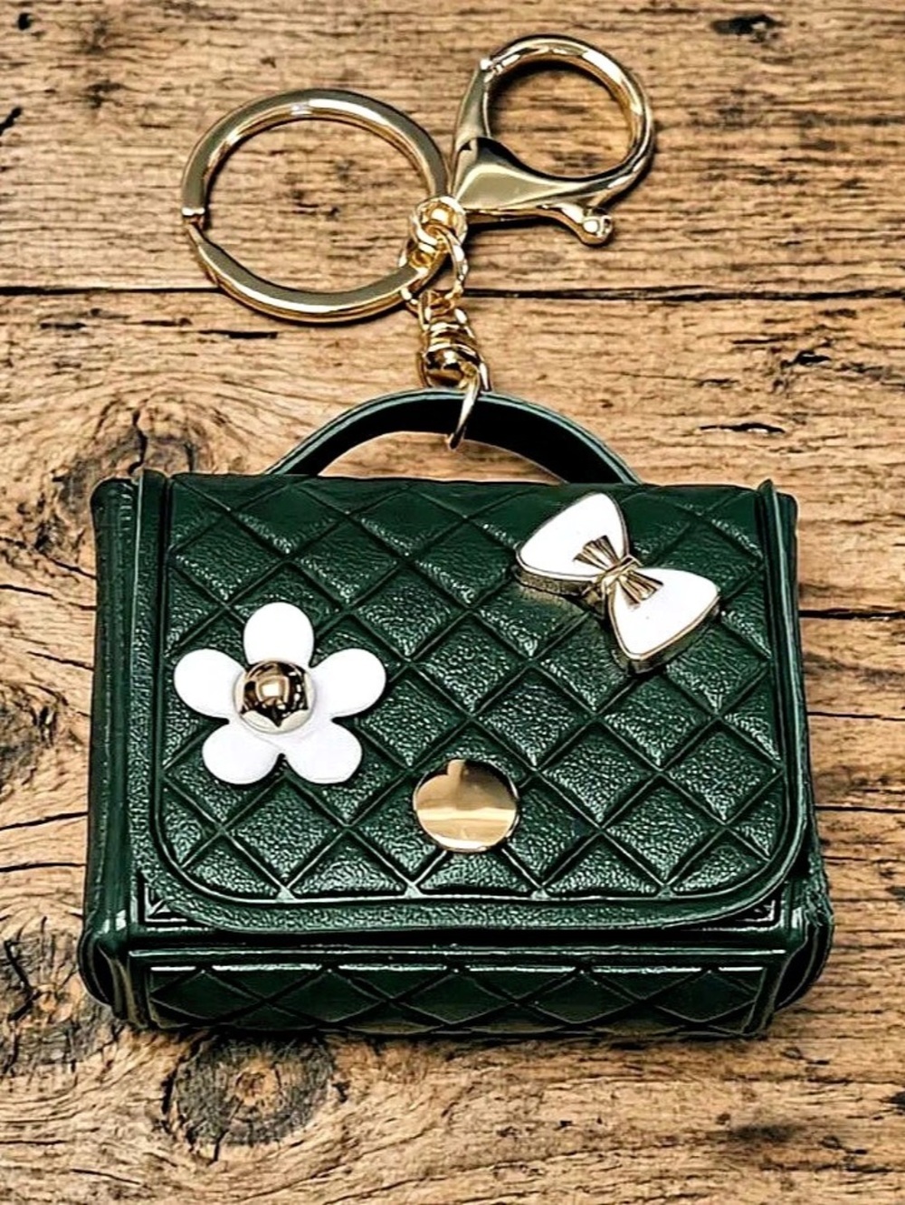 Quilted Mini Bag in Green & White key chain brand new in package